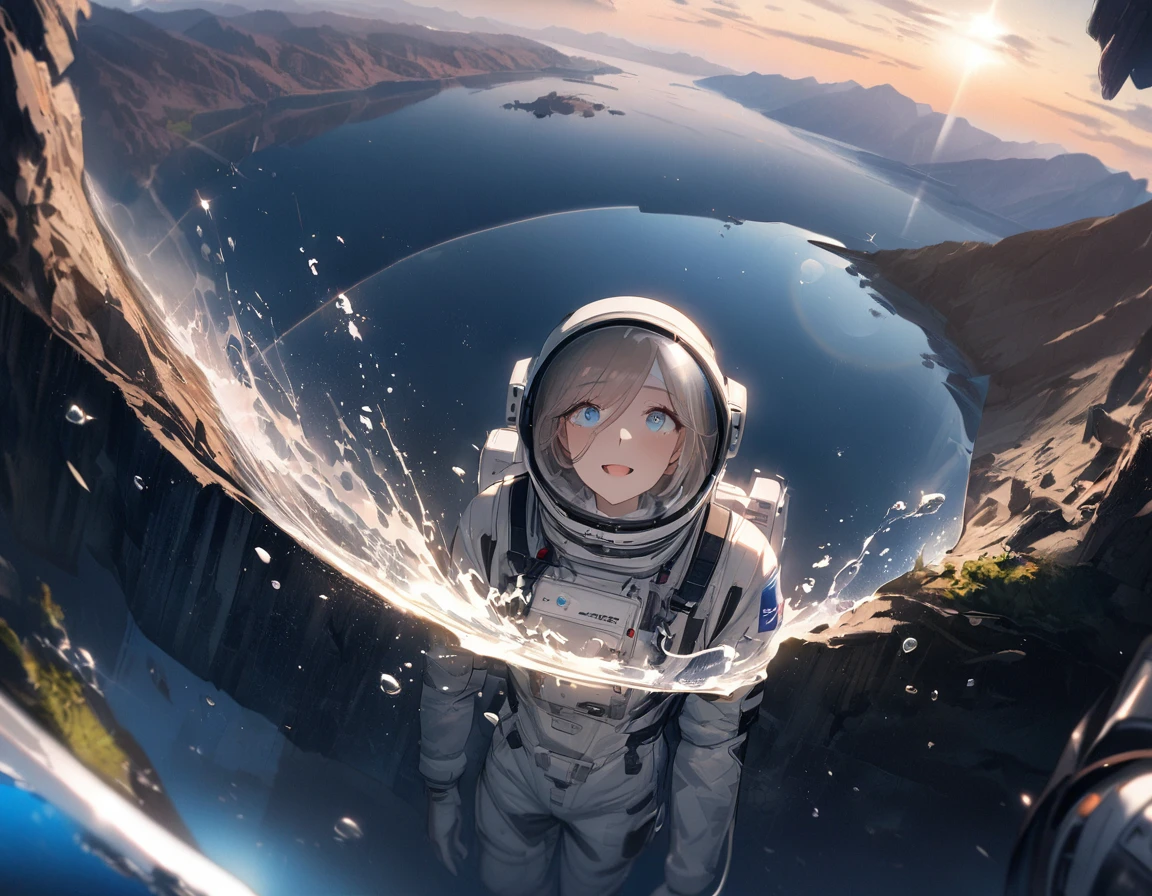 1girl, solo, mature female, SyFyEye1, astronaut, spacex, spacesuit, glass reflection, refraction, eye reflection, portrait, looking up, happy, amazed, awestruck, standing, outdoors, scenery, rocky surface, mountainous horizon, starry sky, lake, water, caustics, lens flare, science fiction, cinematic, filmic, high budget, (masterpiece), (best quality), (ultra-detailed), very aesthetic, illustration, perfect composition, intricate details, absurdres,