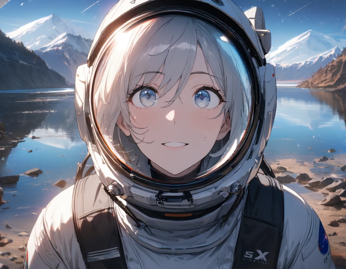 1girl, solo, mature female, SyFyEye1, astronaut, spacex, spacesuit, glass reflection, refraction, eye reflection, portrait, looking up, happy, amazed, awestruck, standing, outdoors, scenery, rocky surface, mountainous horizon, starry sky, lake, water, caustics, lens flare, science fiction, cinematic, filmic, high budget, (masterpiece), (best quality), (ultra-detailed), very aesthetic, illustration, perfect composition, intricate details, absurdres, 