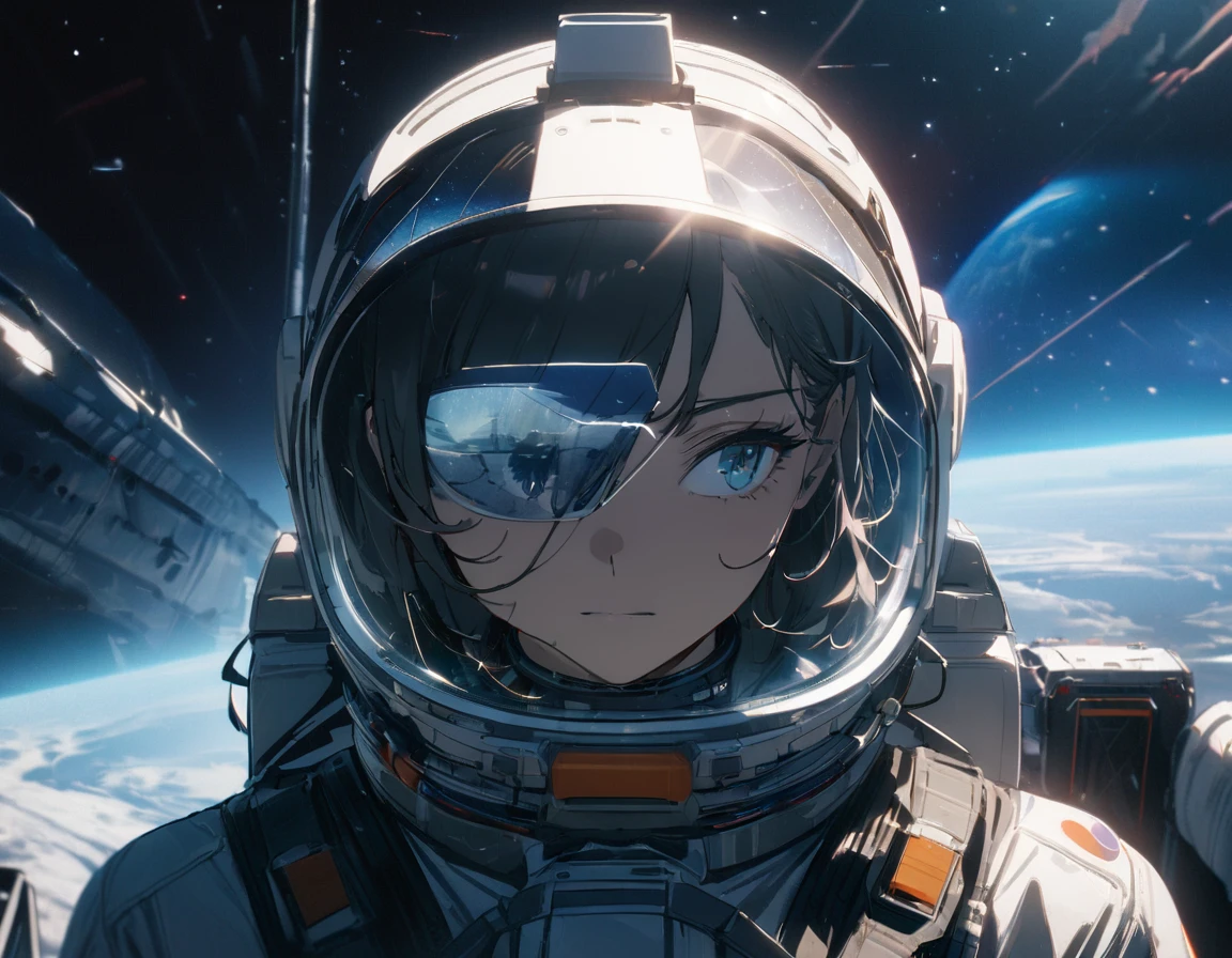 1girl, solo, SyFyEye1, astronaut, spacesuit, clear visor, portrait, looking to the side, glass reflection, standing, outdoors, starry sky, galaxy, lens flare, science fiction, cinematic, filmic, high budget, (masterpiece), (best quality), (ultra-detailed), very aesthetic, illustration, perfect composition, intricate details, absurdres