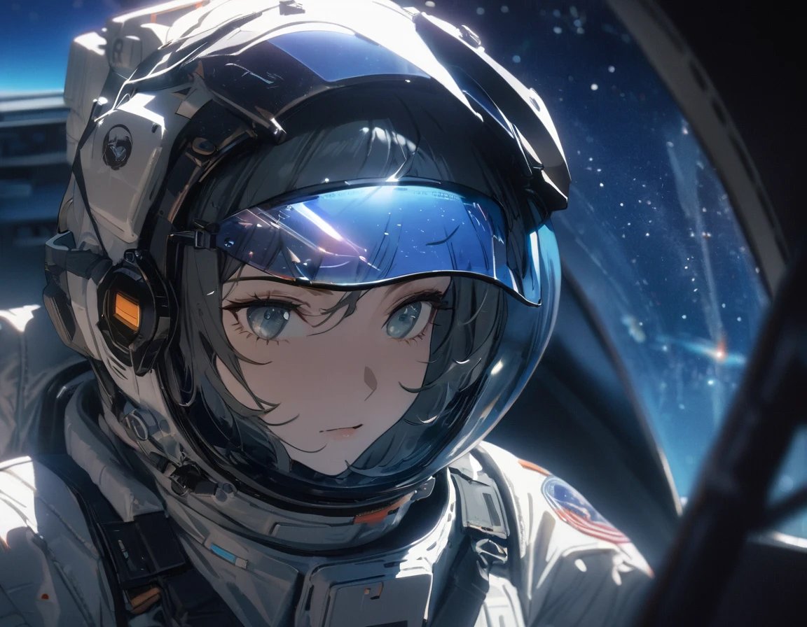 1girl, solo, SyFyEye1, astronaut, spacesuit, clear visor, portrait, looking to the side, glass reflection, standing, outdoors, starry sky, galaxy, lens flare, science fiction, cinematic, filmic, high budget, (masterpiece), (best quality), (ultra-detailed), very aesthetic, illustration, perfect composition, intricate details, absurdres