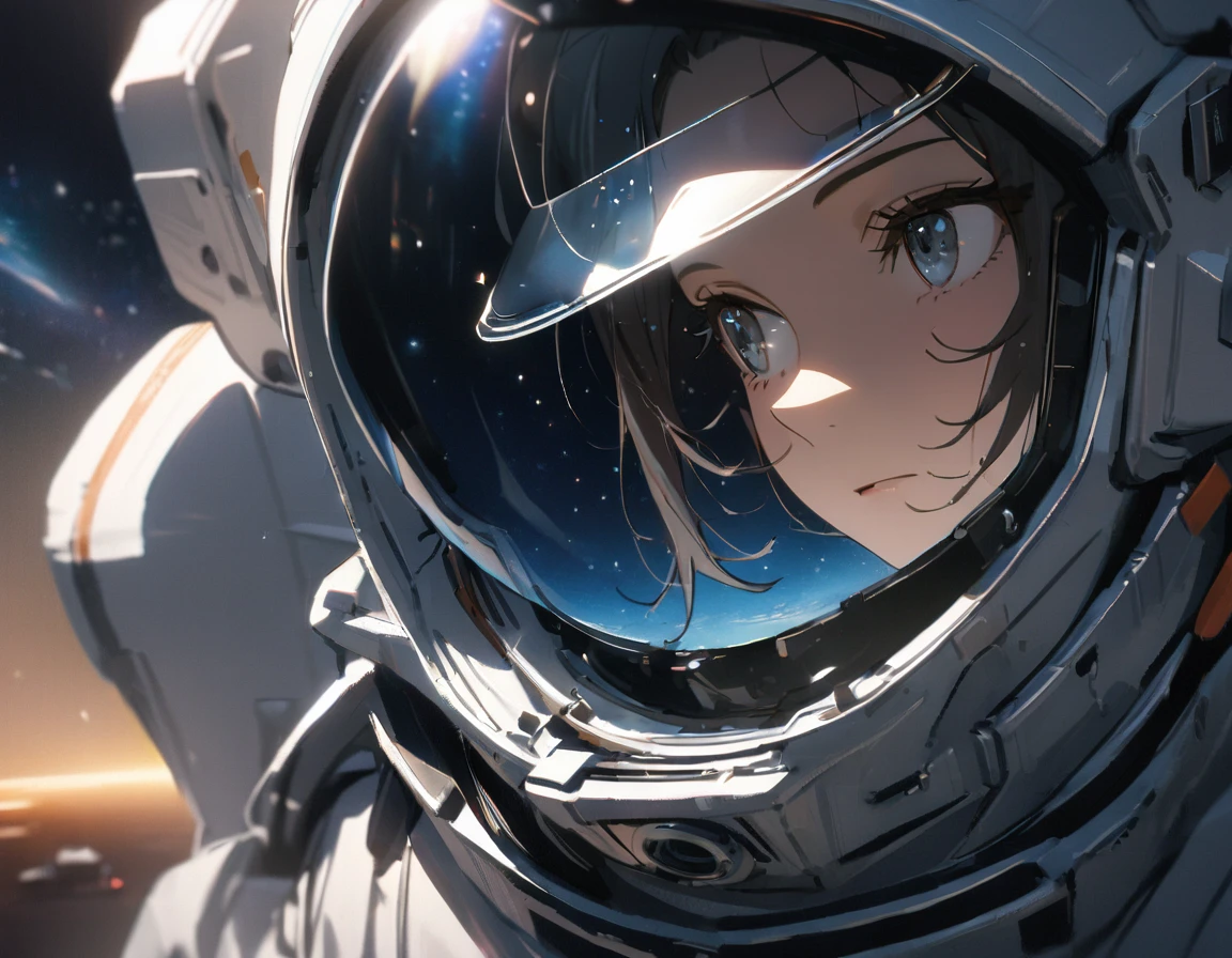 1girl, solo, SyFyEye1, astronaut, spacesuit, clear visor, portrait, looking to the side, glass reflection, standing, outdoors, starry sky, galaxy, lens flare, science fiction, cinematic, filmic, high budget, (masterpiece), (best quality), (ultra-detailed), very aesthetic, illustration, perfect composition, intricate details, absurdres