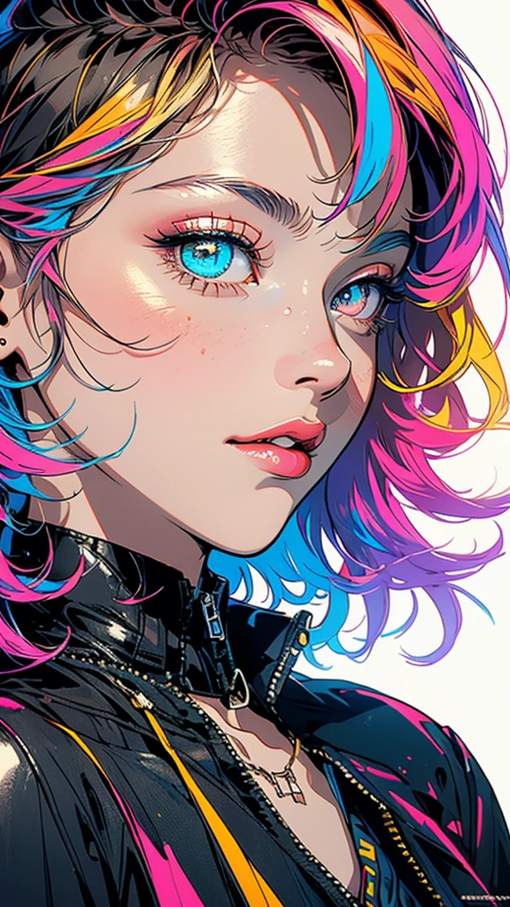 (((masterpiece, highest quality))),(((solo:1.2))),(((1girl:1.2))),32k wallpaper, very detailed,(((((portfolio))))),(((((Close-up))))),(((((bust up))))),((((more various angle)))),((((highlight)))),((((heterochromia)))),(((complete. detailed face))),((((Extremely talented)))),(Colorful color scheme),(((((Absolutely simple background))))),(((Texture for people : grunge))),marvel super hero's,retrowave,vaporwave,60s,70s,80s