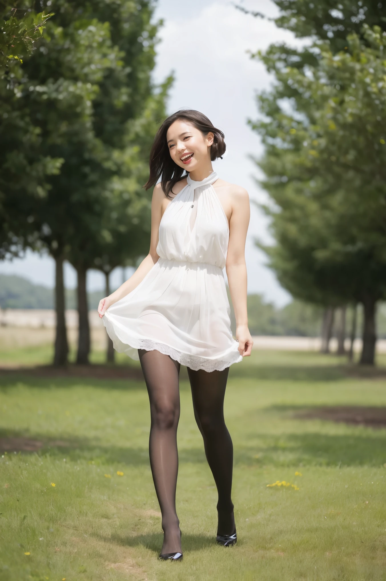 Pure young Japanese girl, outstanding body, beautiful legs, wearing loose blouse and skirt, (pantyhose), high heels, no makeup, natural short hair, sexual smile, sitting and relaxing, secret temptation to sex, spread wide legs, lift up skirt, professional portrait photography, dazzling summer sunlight, 