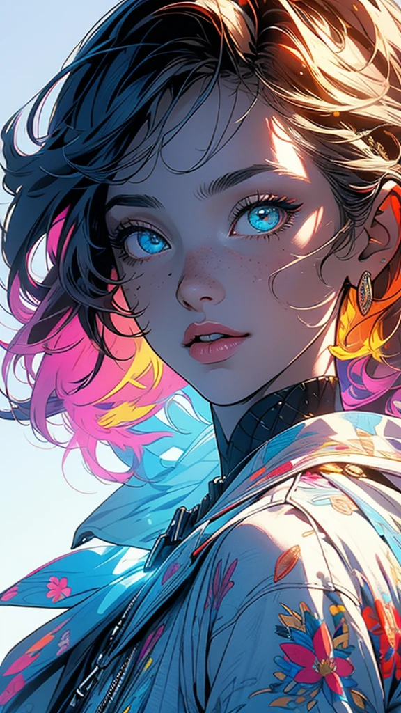 (((masterpiece, highest quality))),(((solo:1.2))),(((1girl:1.2))),32k wallpaper, very detailed,(((((portfolio))))),(((((Close-up))))),(((((bust up))))),((((more various angle)))),((((highlight)))),((((heterochromia)))),(((complete. detailed face))),((((Extremely talented)))),(Colorful color scheme),(((((Absolutely simple background))))),(((Texture for people : grunge))),marvel super hero's,retrowave,vaporwave,60s,70s,80s