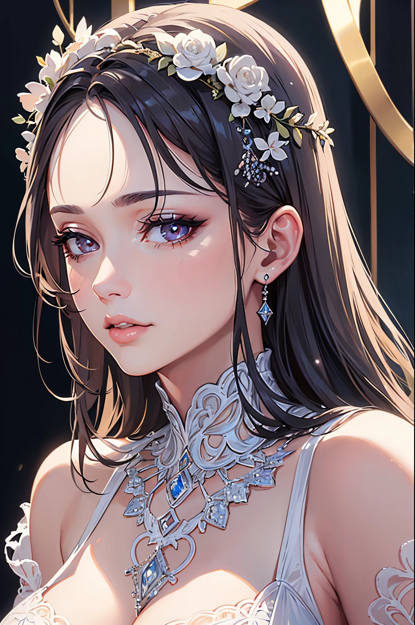 detailed portrait of a mature woman, beautiful detailed eyes, beautiful detailed lips, extremely detailed face, long eyelashes, busty, wearing a nightgown, sensual expression, photorealistic, 8k, hyperdetailed, high quality, realistic, masterpiece