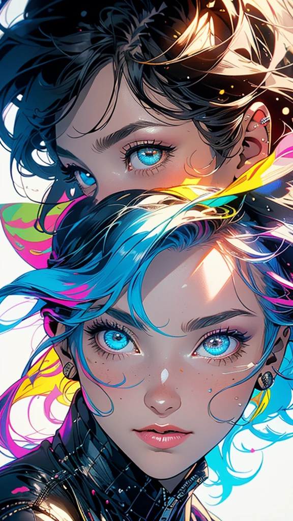 (((masterpiece, highest quality))),(((solo:1.2))),(((1girl:1.2))),32k wallpaper, very detailed,(((((portfolio))))),(((((Close-up))))),(((((bust up))))),((((more various angle)))),((((highlight)))),((((heterochromia)))),(((complete. detailed face))),((((Extremely talented)))),(Colorful color scheme),(((((Absolutely simple background))))),(((Texture for people : grunge))),marvel super hero's,retrowave,vaporwave,60s,70s,80s