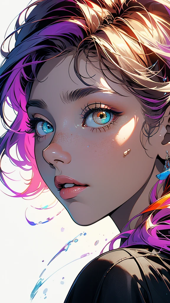 (((masterpiece, highest quality))),(((solo:1.2))),(((1girl:1.2))),32k wallpaper, very detailed,(((((portfolio))))),(((((Close-up))))),(((((bust up))))),((((more various angle)))),((((highlight)))),((((heterochromia)))),(((complete. detailed face))),((((Extremely talented)))),(Colorful color scheme),(((((Absolutely simple background))))),(((Texture for people : grunge))),marvel super hero's,retrowave,vaporwave,60s,70s,80s