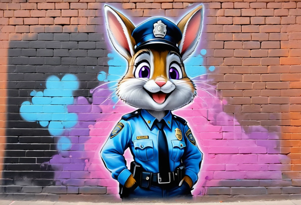 graffiti, pastel, graffiti on brick wall, spray paint on wall, colorful graffiti, street art, spray paint, street canvas, graffiti artist, graffiti art,
(best quality, masterpiece:1), furry female anthro judyhopps, portrait, police uniform, full uniform, rabbit tail, police belt, police badge, blue pants, smile, purple eyes, body fur, half-closed eyes, (detailed urban city background:1.1), 3d pixar style, sexy pose,