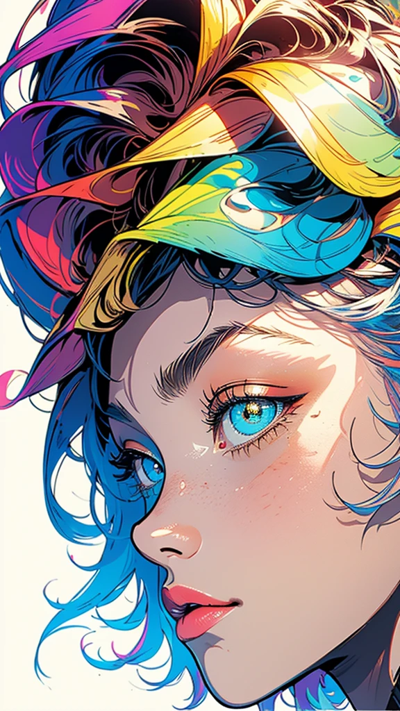 (((masterpiece, highest quality))),(((solo:1.2))),(((1girl:1.2))),32k wallpaper, very detailed,(((((portfolio))))),(((((Close-up))))),(((((bust up))))),((((more various angle)))),((((highlight)))),((((heterochromia)))),(((complete. detailed face))),((((Extremely talented)))),(Colorful color scheme),(((((Absolutely simple background))))),(((Texture for people : grunge))),marvel super hero's,retrowave,vaporwave,60s,70s,80s,cigarette
