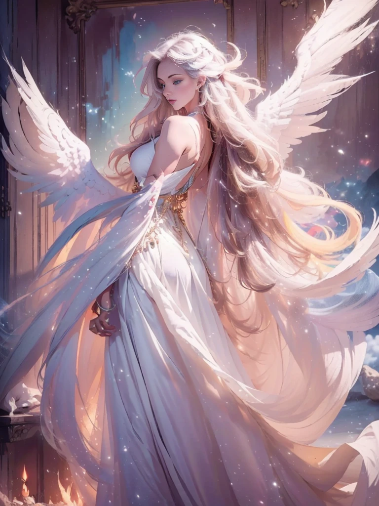 A beautiful girl with piercing blue eyes and long flowing silver hair, wearing ornate plate armor, wielding a large longsword, with huge angelic white wings spreading from her back and a shimmering golden halo above her head, (best quality,8k,highres,masterpiece:1.2),ultra-detailed,(realistic,photorealistic,photo-realistic:1.37),intricate details,dramatic lighting,cinematic,fantasy art,digital painting,vibrant colors,glowing halo,powerful,heroic