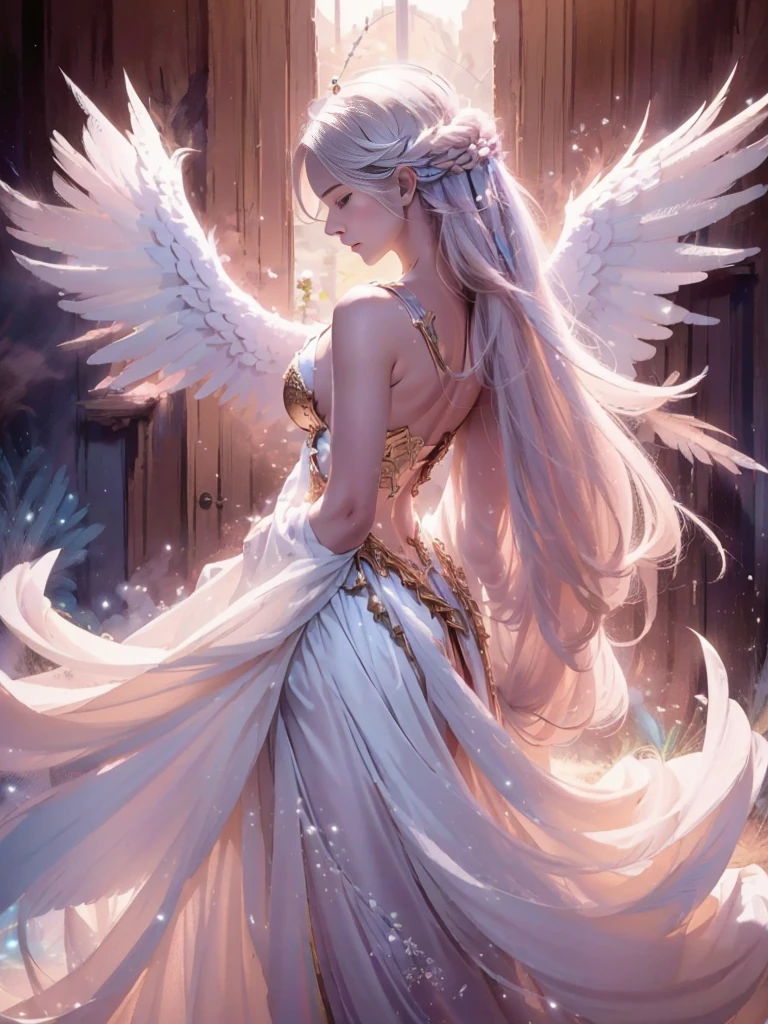 A beautiful girl with piercing blue eyes and long flowing silver hair, wearing ornate plate armor, wielding a large longsword, with huge angelic white wings spreading from her back and a shimmering golden halo above her head, (best quality,8k,highres,masterpiece:1.2),ultra-detailed,(realistic,photorealistic,photo-realistic:1.37),intricate details,dramatic lighting,cinematic,fantasy art,digital painting,vibrant colors,glowing halo,powerful,heroic