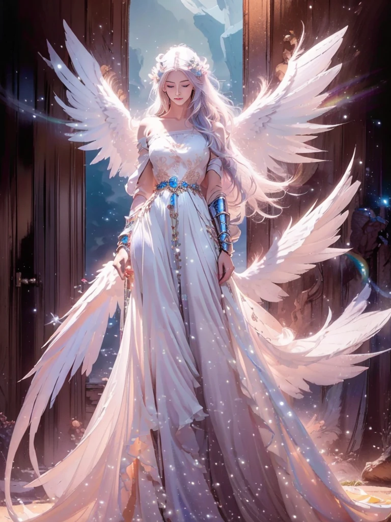 A beautiful girl with piercing blue eyes and long flowing silver hair, wearing ornate plate armor, wielding a large longsword, with huge angelic white wings spreading from her back and a shimmering golden halo above her head, (best quality,8k,highres,masterpiece:1.2),ultra-detailed,(realistic,photorealistic,photo-realistic:1.37),intricate details,dramatic lighting,cinematic,fantasy art,digital painting,vibrant colors,glowing halo,powerful,heroic
