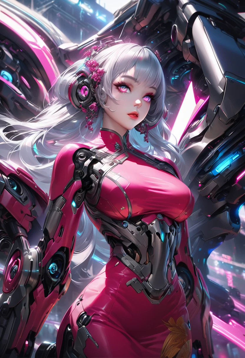 a female cyborg wearing a qipao, futuristic liquid metal body, beautiful detailed eyes, beautiful detailed lips, extremely detailed eyes and face, long eyelashes, intricate mechanical details, advanced robotics, chrome finish, glowing neon accents, dramatic lighting, cinematic composition, digital art, 8k, highly detailed, photorealistic, hyper-realistic, masterpiece, award-winning, art by artgerm and greg rutkowski