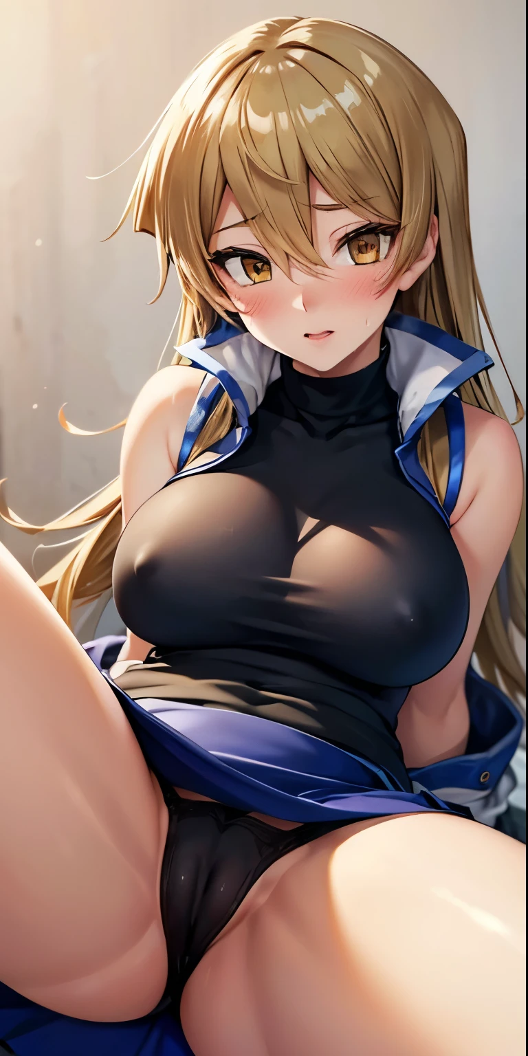 1 Female,High definition,high resolution,Ultra-realistic,8K, ta1, blonde hair, long hair, yellow eyes,(white jacket), sleeveless,( blue skirt),tight skirt, miniskirt,fingerless gloves, large breasts,European,sexy,Upper body close-up,Photographed from the front,Dynamic Angles,blush, big tits , happy, wink the eye,facial, sweat,multicolored hair ,(wide thighs:1.4),(black panties),(show panties),(spread legs),(cameltoe),(blush:1.2)