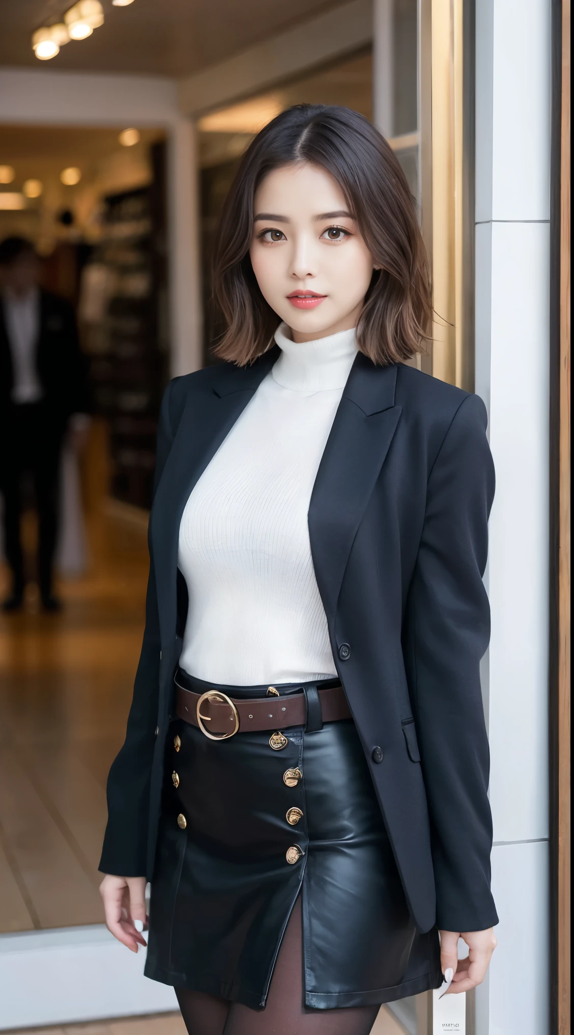 Beautiful girl standing in front of a store in a shopping mall,
(Surreal,High resolution, Very detailed:1.2), (8k), (Beautiful and beautiful eyes, Detailed face:1.2), (Highest quality), (Very detailed), (( masterpiece)),Highest quality,Very detailed,
Beautiful woman standing wearing a dark red checked single-breasted blazer ,break, White turtleneck sweater,
High waist flare jumper skirt、With blue belt, (Ultra-realistic pantyhose), Full Body Shot、
Black medium bob, Beautiful and beautiful eyes, Cute Face, bust, Big Boss, Elegant and beautiful features, Captivating smile,
Age 25, mature, Realistic drawing art , 
1 female, (Whole Body Ezbian:1.2),(頭からbustへの画像スコープ),