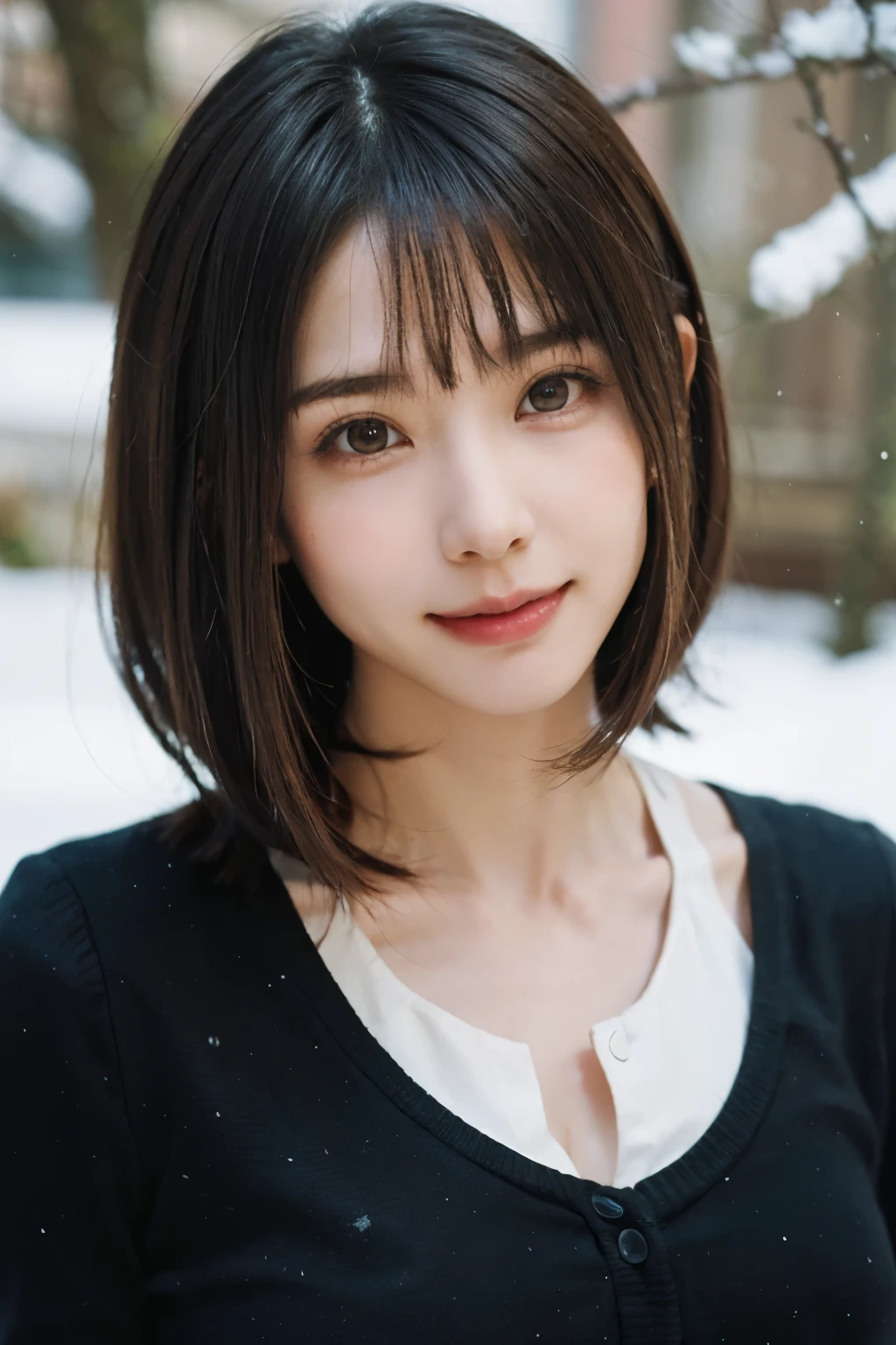 (masterpiece, Highest quality),One Girl, alone, hyper Realistic, Realistic,Realistic, Looking at the audience, Light brown eyes:1.4,Brunette Short Bob Hair with highly detailed shiny hair, Brightly colored winter clothes, Lepangas:1.4), Plein Air, Mouth closed, Upper Body、big chest eye、eyelash、{Hugeな|big chest|Hugeなな|Mega} chest:2, chestの谷間:2、{Huge|big|Hugeな|Mega} chest:2, chestの谷間:2、(((big chest eye、Short Bob Hair、Glossy Skin、Shiny hair、Student Highlights、Gazing at the audience、She is very beautiful and cute、Listen carefully、Long neck、smile、Close your mouth and smile、bangsと美しい歯、bangs、Perfect Anatomy)))、Ideal body type、(Snowy tree-lined road in winter in Norway, Out of focus background)、美しいLong neck:1.4、Very attractive, beautiful and cute woman