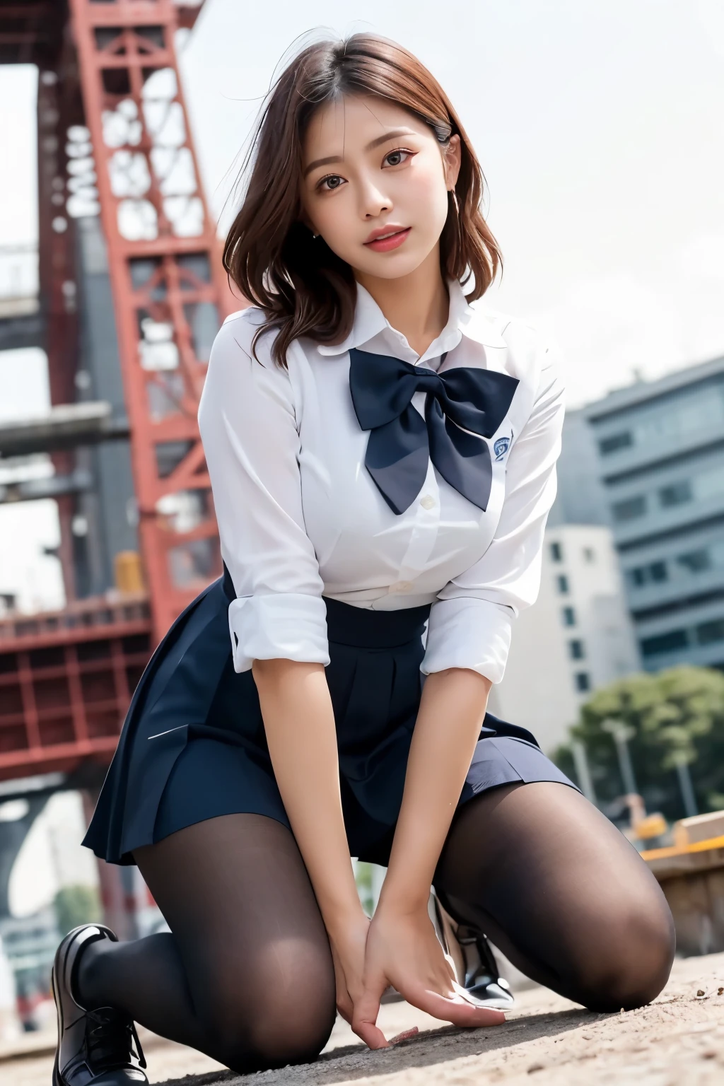 masterpiece, Bokeh, (Beautiful Face), (Detailed face), (Perfect hands), (Japanese Idols:1.6), (school uniform:1.3), (Ultra-realistic pantyhose:1.3), (Sit at the top of the tower:1.3),( Large bridge construction site:1.3), (Blushed:1.3), Working boots, (From below:1.5), Beautiful mature woman、