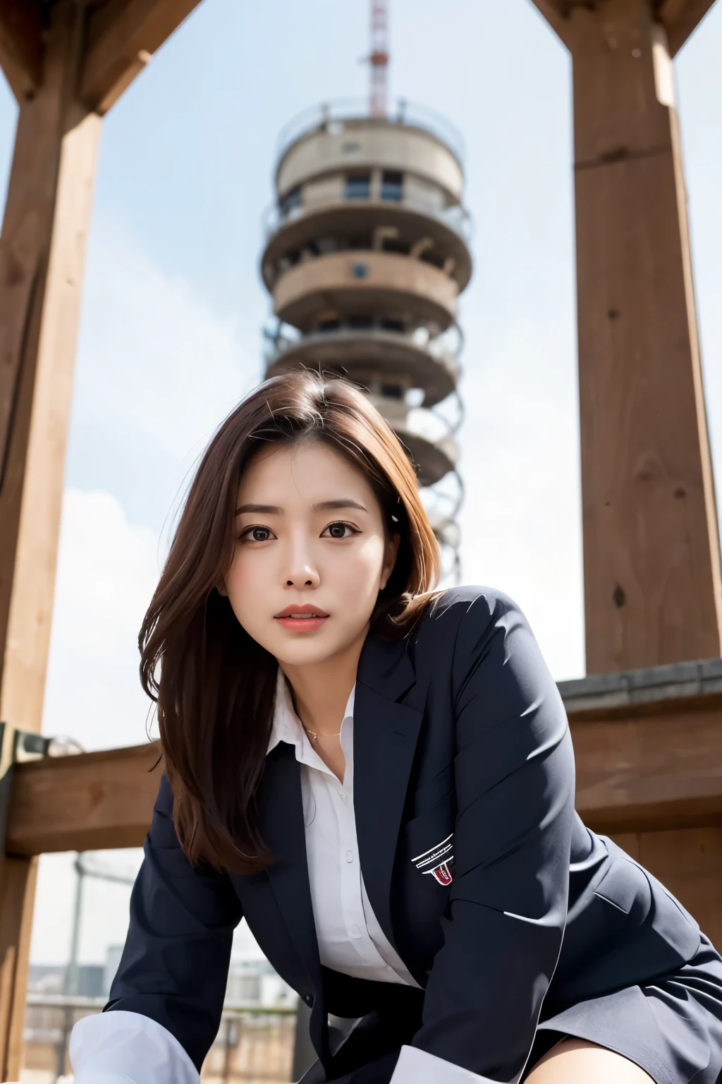 masterpiece, Bokeh, (Beautiful Face), (Detailed face), (Perfect hands), (Japanese Idols:1.6), (school uniform:1.3), (Ultra-realistic pantyhose:1.3), (Sit at the top of the tower:1.3),( Large bridge construction site:1.3), (Blushed:1.3), Working boots, (From below:1.5), Beautiful mature woman、