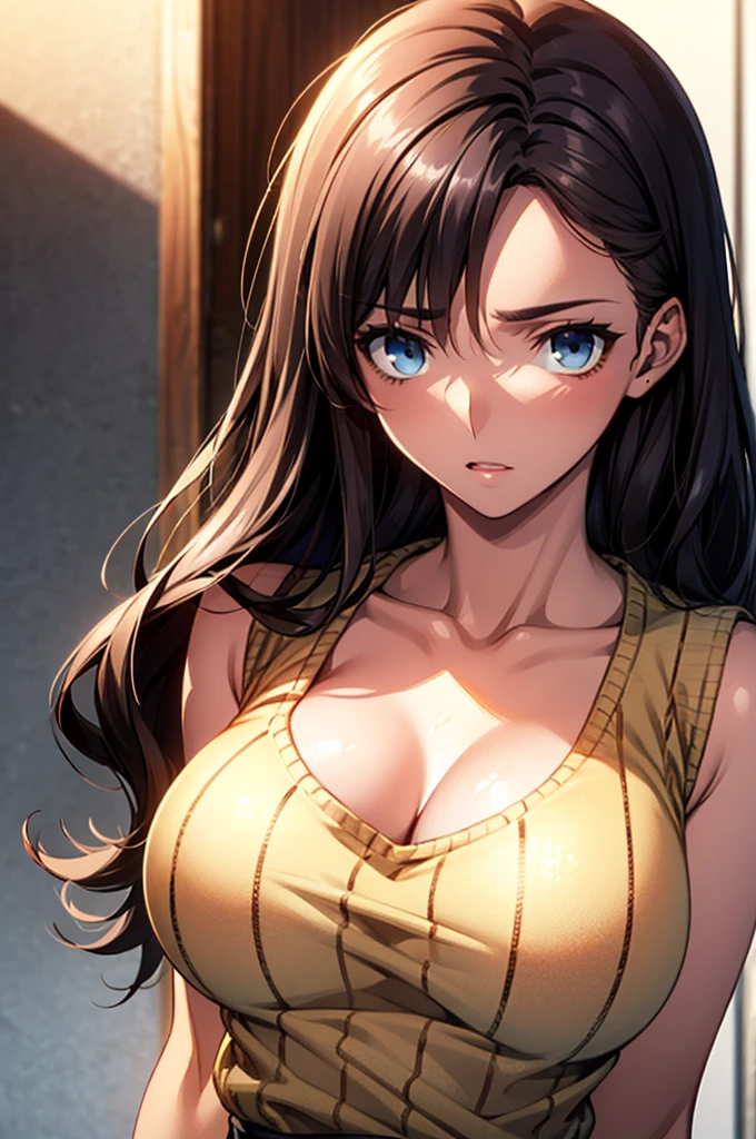 Masterpiece,Highest quality,8k,Ultra-high resolution,appropriate margins,lighting,Depicted from the waist up,BREAK,(1 person),Very beautiful adult woman,Slim body,(The richest big breasts),Deep cleavage,Moisturized Skin,BREAK,(Black Hair),Forehead,mascara,Red eyeliner,Light pink lip,Thin teak,Thin eyebrows,BREAK,Light blue eyes,BREAK,Bright expression,Open your mouth a little,BREAK,A little long hair,Unshaven,BREAK,(Red Sleeveless Sweater),(Shorts),BREAK,Eye contact