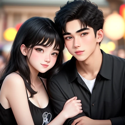 Couple, the girl kiss boy's cheecks scene at Disneyland
20-year-old boy and 18-year-old girl, Detailed face, Detailed eyes, double eyelid,, Handsome-cool-warm-boy with black hair and hot-seductive-sexy-cute-beautiful-girl with black hair and blushing face. Intimate vibes.