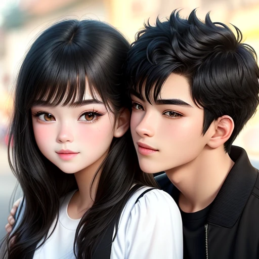 Couple, the girl kiss boy's cheecks scene at Disneyland
20-year-old boy and 18-year-old girl, Detailed face, Detailed eyes, double eyelid,, Handsome-cool-warm-boy with black hair and hot-seductive-sexy-cute-beautiful-girl with black hair and blushing face. Intimate vibes.