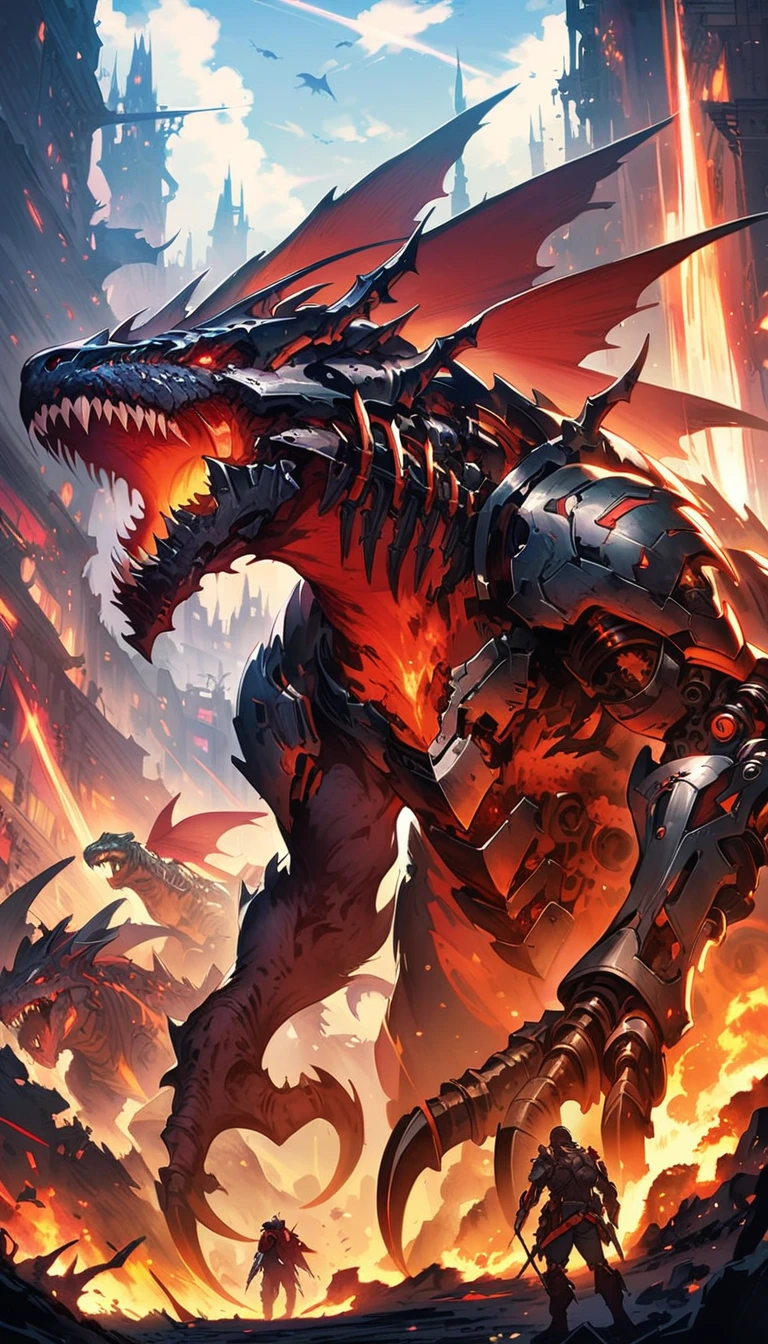 fantasy, sci-fi, dark fantasy, wide angle,  biomechanical monster, Tyrannosaurus, intricate details of mechanical parts, war machine monster, human rider on mechanical monster, immersive background of fantasy war of mechanical monsters, digital painting