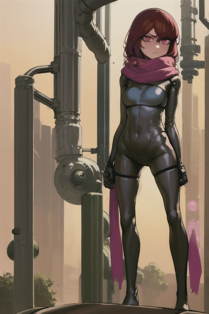 work of art, best qualityer, 1 girl, May, whole body , long hair, Makima style red hair, mechanical arms, medium breasts, pink scarf, Science fiction, standing alone, standing,  simple background, diselpunk,defined leg, mendieval style,tomboy