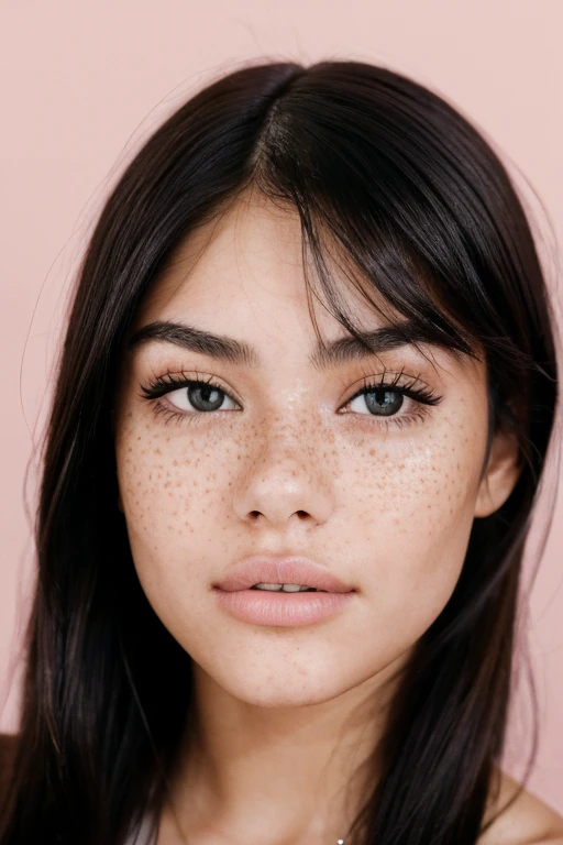 A realistic only face portrait of a woman like 18 year old Madison Beer seeing straight at the camera like a passport photo, with black hair, freckles on cheeks, brown eyes, big lips. The setting is a bright, minimalist studio with soft natural lighting. A high-resolution DSLR camera with a soft focus lens to enhance the intimate feel,