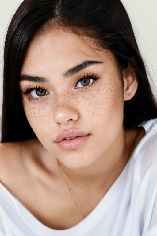 A realistic only face portrait of a woman like 18 year old Madison Beer seeing straight at the camera like a passport photo, with black hair, freckles on cheeks, brown eyes, big lips. The setting is a bright, minimalist studio with soft natural lighting. A high-resolution DSLR camera with a soft focus lens to enhance the intimate feel,