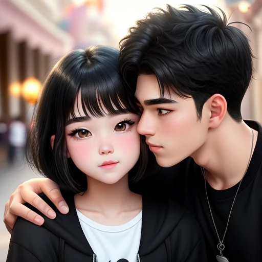 Couple, the girl kiss boy's cheecks scene at Disneyland
20-year-old boy and 18-year-old girl, Detailed face, Detailed eyes, double eyelid,, Handsome-cool-warm-boy with black hair and hot-seductive-sexy-cute-beautiful-girl with black hair and blushing face. Intimate vibes.