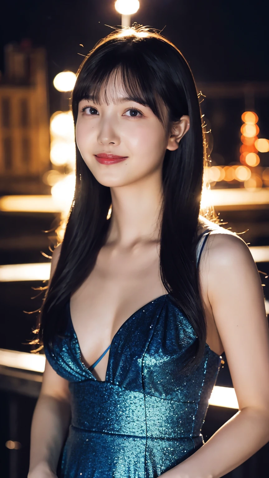 1girl,(wearing a blue glittery evening dress:1.2),(RAW photo, best quality), (realistic, photo-realistic:1.4), masterpiece, an extremely delicate and beautiful, extremely detailed, 2k wallpaper, Amazing, finely detail, extremely detailed CG unity 8k wallpaper, ultra-detailed, highres, soft light, beautiful detailed girl, extremely detailed eyes and face, beautiful detailed nose, beautiful detailed eyes,cinematic lighting,city lights at night,perfect anatomy,slender body,light smile,close up,(long hair with bangs), big breast