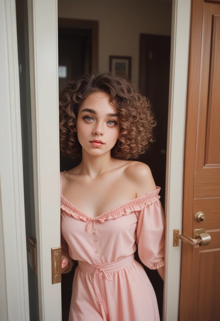 This is a photograph of a woman standing in the doorway to her home, leaning up against the door jam. Wearing an off the shoulder, high slit pink dress she stares at the viewer with her light colored eyes. Curly bronze hair frames her gorgeous face adorned with light makeup. casting shadow style