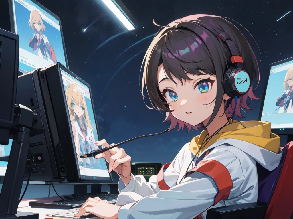 (Highest quality,4K,Very detailed),Anime Style,fan,Anime illustration,Digital Art,Detailed Description,short hair,Detailed digital anime art,Anime Style 4K,A girl working on a computer with headphones on against the night sky