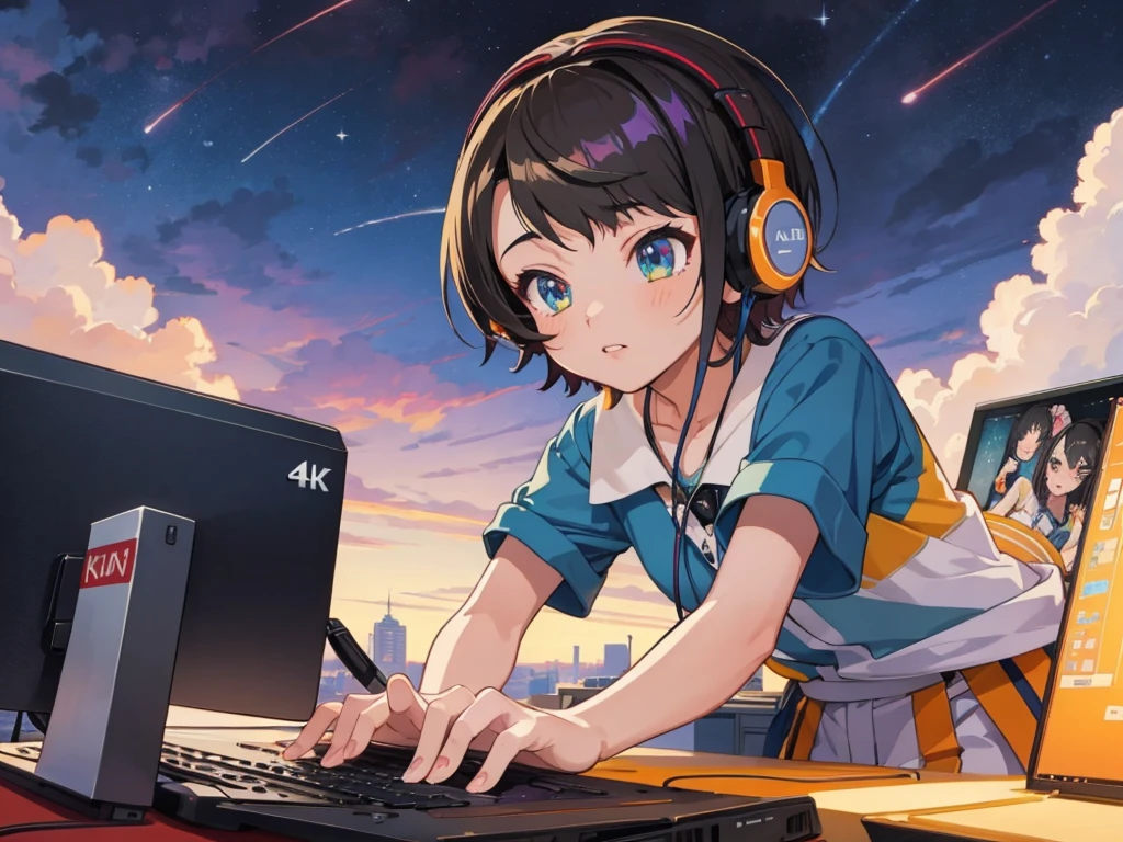 (Highest quality,4K,Very detailed),Anime Style,fan,Anime illustration,Digital Art,Detailed Description,short hair,Detailed digital anime art,Anime Style 4K,A girl working on a computer with headphones on against the night sky