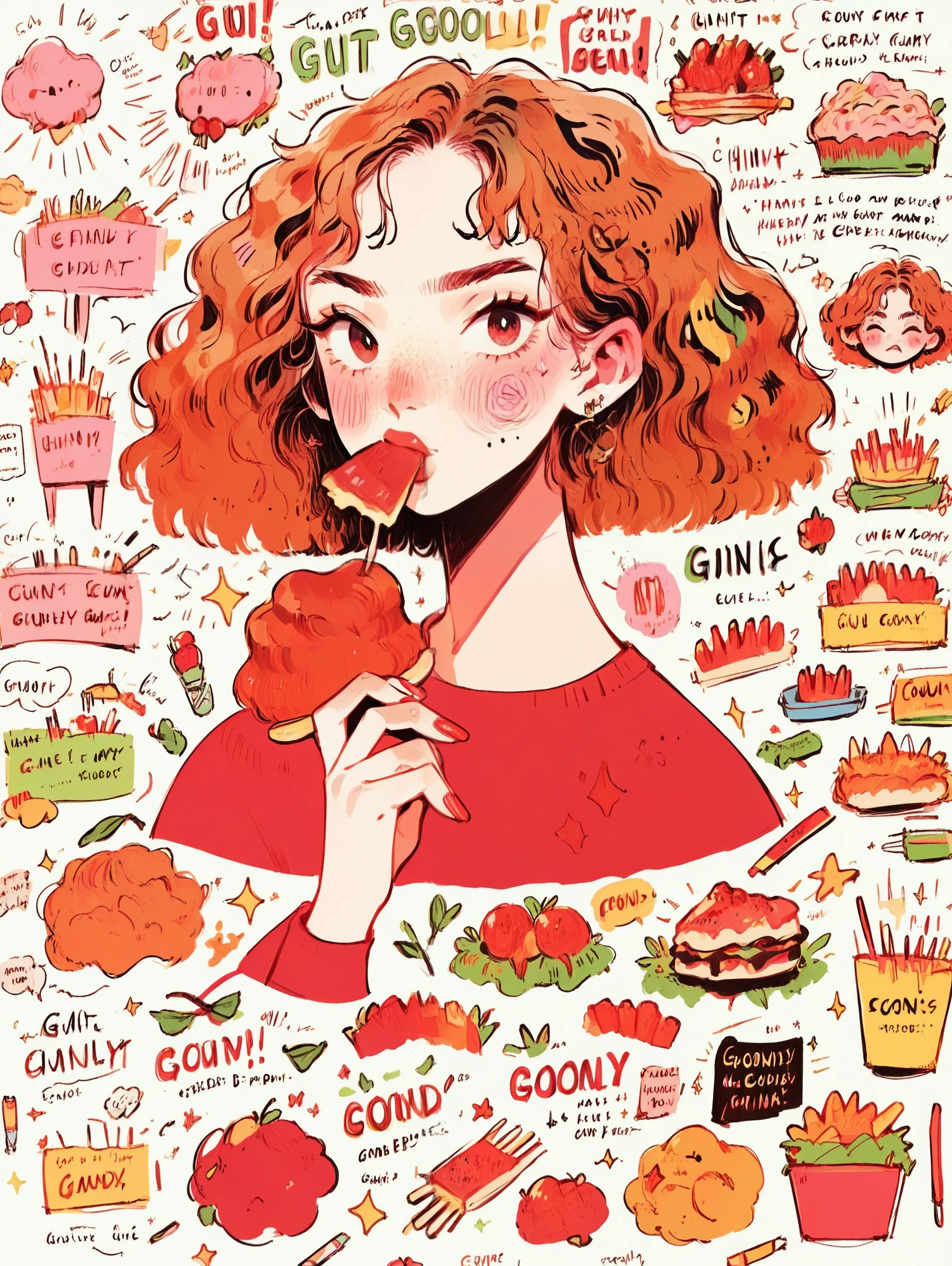 score_9, score_8_up, score_7_up, score_6_up,  sk3tchb00k, 1girl, english text, ginger hair, food