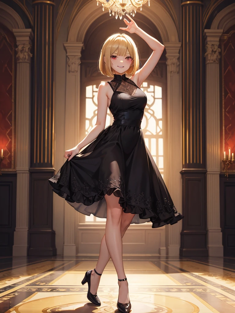 masterpiece. best quality. A woman in a  black long dress. red eyes. She has a blonde bob cut. She is smiling. She is dancing at the ballroom of Palace. full-body.