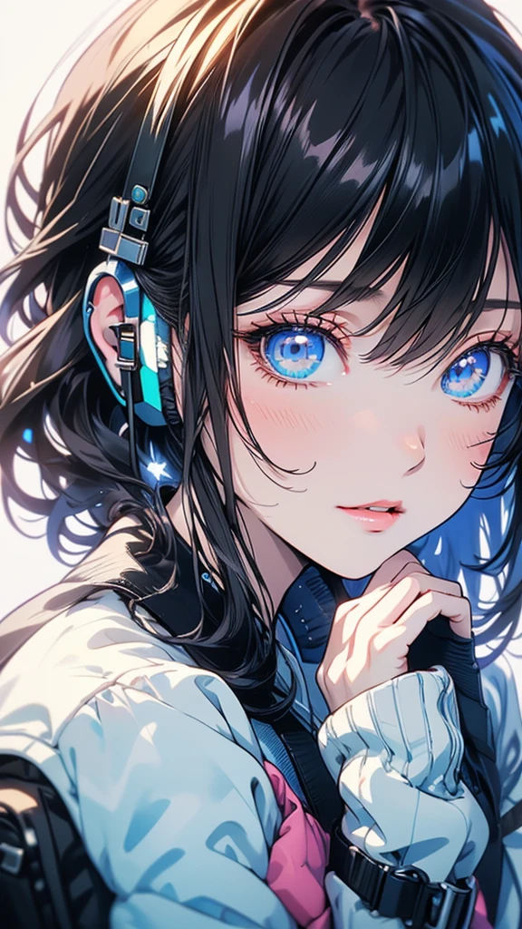 (Masterpiece:1.4)、(Highest quality:1.4)、Anime girl with headphones and backpack looking at cell phone, Anime style 4k, (Very delicate and beautiful face), (Beautiful eyes in every detail), デジタルAnime Art, Nightcore, Digital anime illustration, Anime Art, Super Detail, cyber punk,