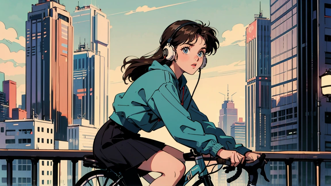 Highest quality, 8k, 1990s style,Hairstyles of the 2010s, 21 year old girl, Brown Hair, Light brown eyes, City Pop, skirt, Wear headphones, whole body,look at me, Riding a bicycle