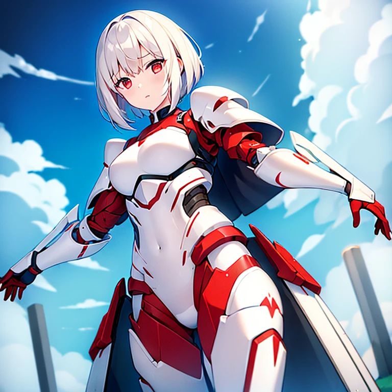 (girl)(white short hair)(red eyes)(Driving exoskeleton armor)(Cool battle scenes)(The blade flickers)4K