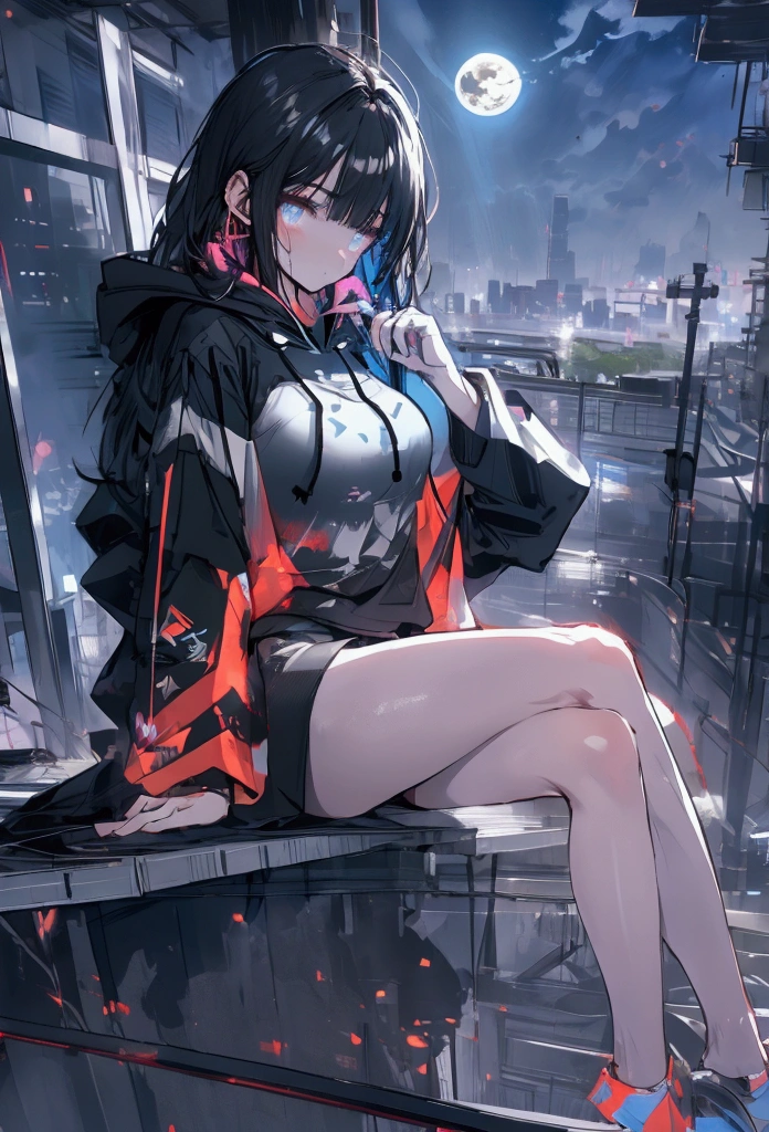 Using a laptop、Beautiful Face, Beautiful legs, Black Hair, On the roof, scattered clouds,detailed,Vivid night view,hoodie,Sitting、Shooting from a drone