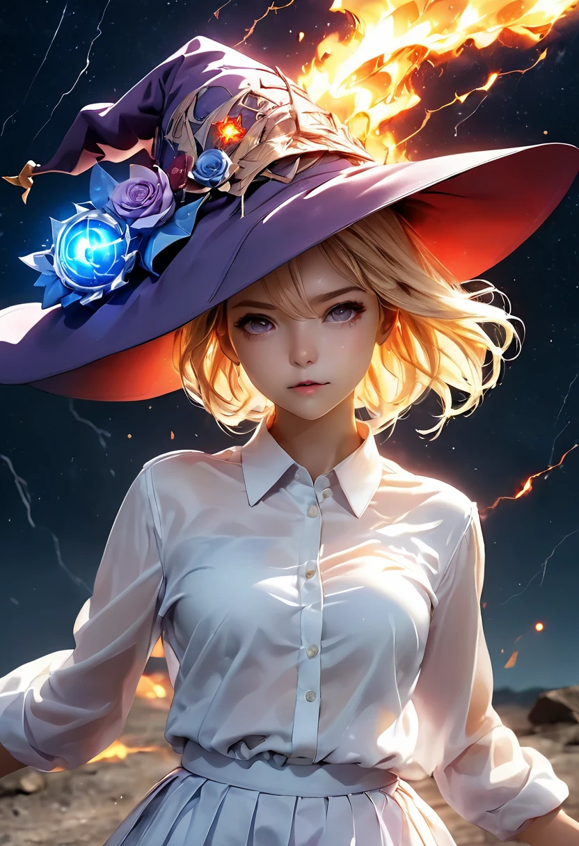 Masterpiece Portrait, A girl，Witch Hat，Extreme details, Very detailed, 8k octane, HDR, Very detailed, best quality, best quality, Realistic lighting, Extremely detailed,High Rendering,，blond，(Fireball，巨大的Fireball，lightning),radioelement,光影Special effect,巨大的lightning,(Floating Stone Chips,abyss)The earth is broken,((Special effect))End of the World,Distorted space,(+Cracked screen+),Revelation,The starry sky gradually changes from dark blue to purple,Optimal shooting angle,