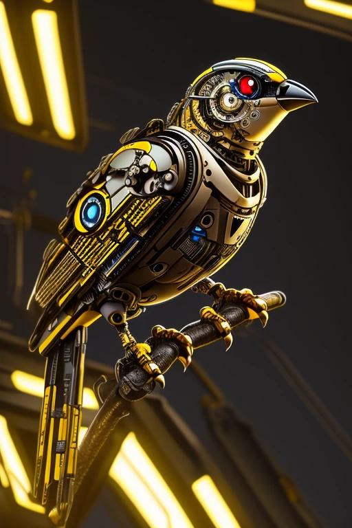 cute robo sparrow, detailed mechanical bird, dark yellow color, highly detailed cyborg bird