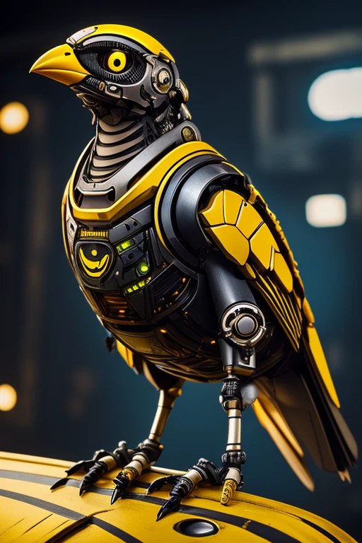 cute robo sparrow, detailed mechanical bird, dark yellow color, highly detailed cyborg bird