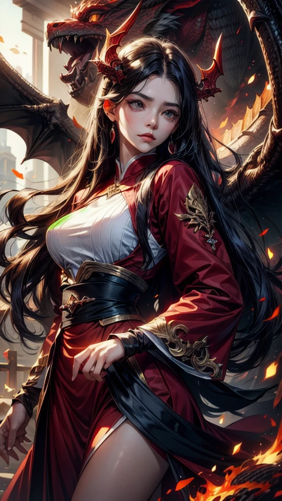 (absurdres, highres, ultra detailed), clean detailed anime art, score_9, score_8_up, score_8, Nagasawa Rosetsu style, Yi yaegwan style, Digital painting style visual effects, OverallDetail, Expressiveh, (1woman: dragon woman, claws, dragon wings, dragon tail), black hair, volumous hair, very long hair, amber eyes, (detailed eyes:1), (perfect eyes:0.8), alluring body, athletic body, narrow waist, large perky breasts, clothed covered breasts, BREAK acessories, red clothes, monk clothes, BREAK sky, clear weather, plain, dirt road, BREAK looking at view, serious face, walking, detailed face, reared up,

