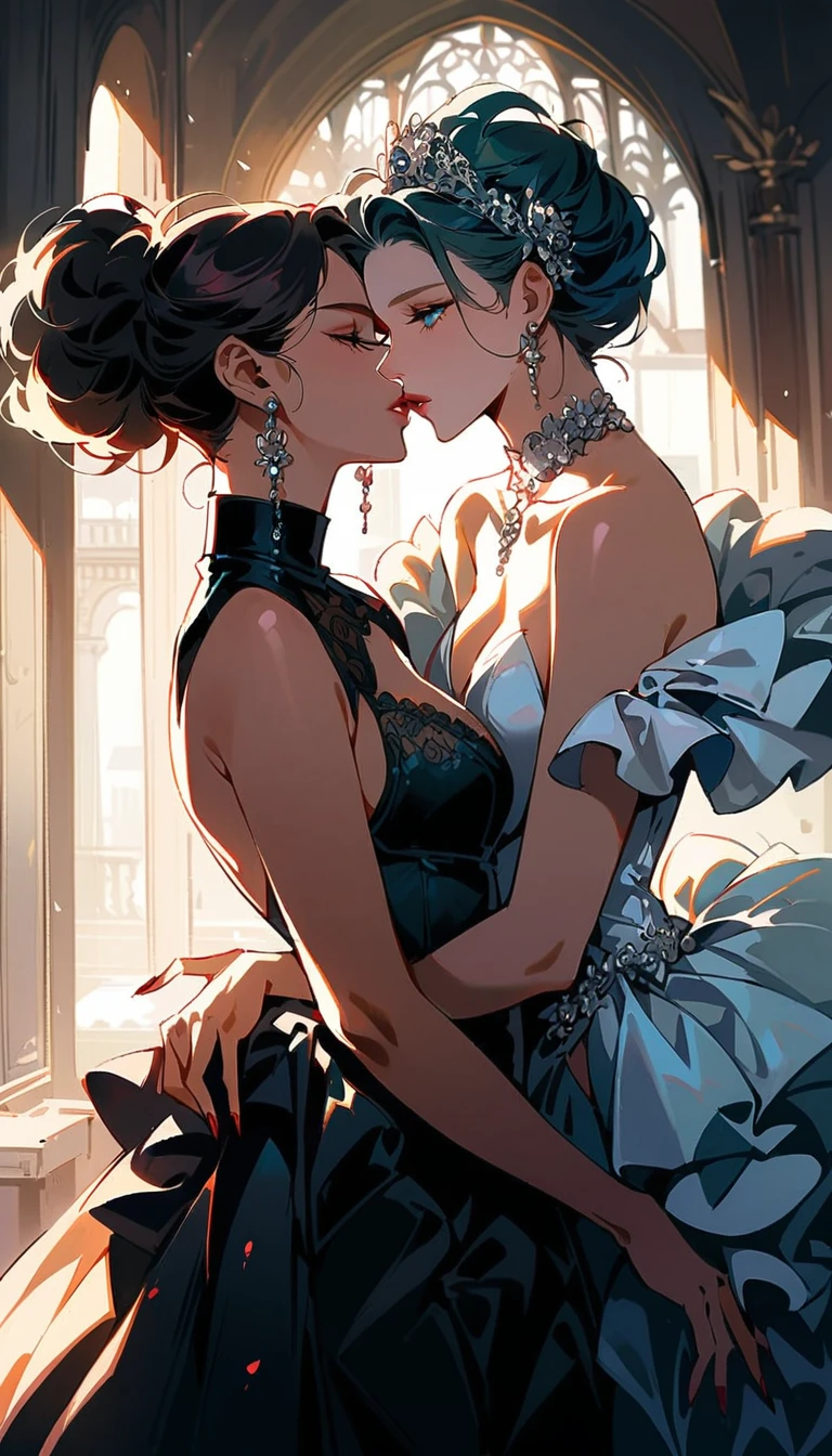 beautiful detailed eyes, beautiful detailed lips, extremely detailed eyes and face, long eyelashes, 2 girls, sensual, intimate, passionate, romantic, sexy, flawless skin, delicate features, soft lighting, chiaroscuro, muted colors, cinematic, dramatic, elegant, sophisticated, high fashion, editorial, vogue, high-end, luxury, glamorous, digital painting, kissing