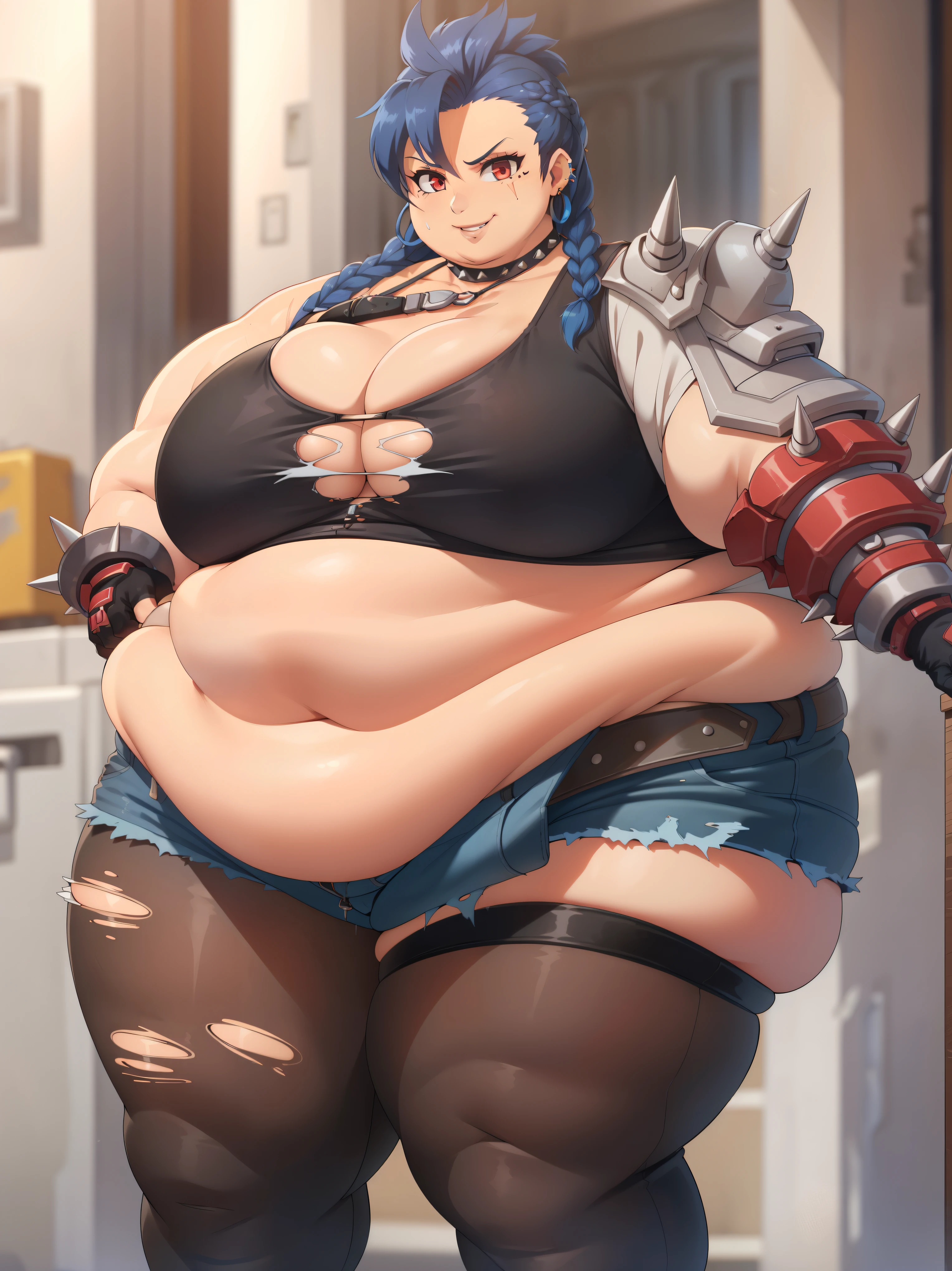 (Morbidly obese:1.1),modern house, Large smile, sinister smile, teeth, evil smile, r, 1girl, solo, breasts, gloves, blue hair, red eyes, torn clothes, spikes, shorts, braid, piercing, fingerless gloves, blu, belt, twin braids,, choker, large breasts, asymmetrical clothes,blurry, jewelry, shoulder armor, ear piercing, earrings, single pauldron, navel, female, looking at viewer, cleavage, short shorts, midriff, cowboy shot, crop top, asymmetrical gloves, lips, day, denim shorts, black gloves, denim, single pantsleg, standing, single fingerless glove, cutoffs, lip piercing, single sleeve, fishnets, pantyhose, spiked choker, pauldrons, single glove, scar, dark skin, bedroom
Round face, double chin, fat chin, fat cheeks, fat neck, round face, SSBBW, flabby arms, round face, double chin, fat double chin, big double chin, fat neck, chubby cheeks, fat thighs, fat calves, morbidly obese, flabby , giant , large belly, obese, fat face, belly, double chin, obesity, flabby breasts, fat arms and legs, fat everything,
