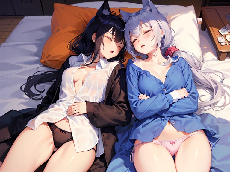 (Mood: Joyful and Positive) 2girls, Kawaii anime art of two female platonic friends in a living room. The indigo-haired woman possesses bat ears and wings. The second woman, with silver hair tied in a ponytail and orange eyes. ((((Cute)))), fully visible tits, exposed chest, beautiful tits, kinky, naughty, unclothed women, the best anatomy, asian, cameltoe, unzoom, kemonomimi, large chest, completely bare skin. Glasscutters tits, and bits, ((((((platonic)))))), trust, ((couch)), steam, shampoo, foam, ((((best friends)))), smile, open mouth, cleavage, ((((masterpiece)))), ((best quality: 1.2)), ((((tenderness)))), (((friendly gestures))), ((((cuddle))), (((from above))), ((((taking a nap)))), (((under blanket))), (((blanket))), ((((best proportions)))), ((((sisterly love)))), ((((long sleeved shirt)))), ((((panties)))), (((unbuttoned shirt)))