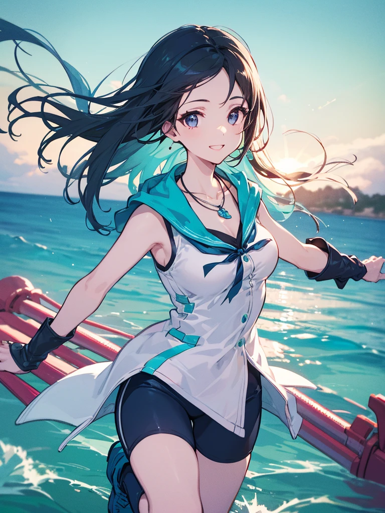 perfect anatomy, precise illustration, extremely detailed CG,  
((masterpiece, best quality, extremely detailed, absurdres)),    

1girl, (rinoa from ff8), black hair, straight hair, middle hair, forehead, black eyes, light blue arm warmers, necklace, light blue sleeveless coat, black shirt, blue skirt, arm ribbon, bike shorts, boots, smile, running, seaside, morning, オーストラリアンシェパード