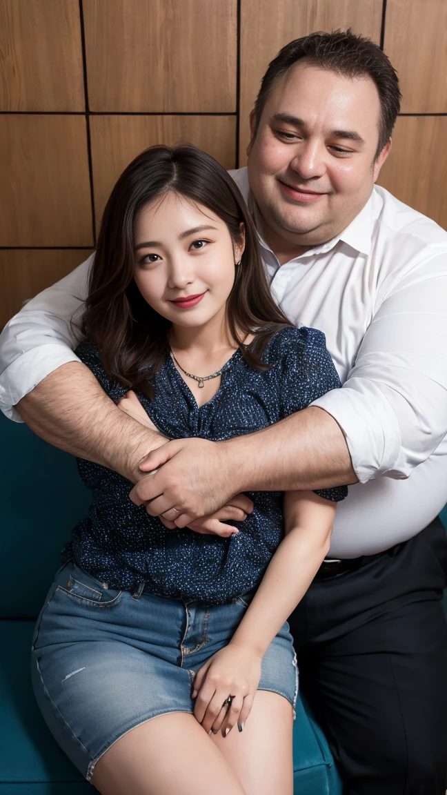 NSFW, (((quality, photographic realism, masterpiece))), (1 middle-aged man and 1 woman, couple:1.5), 흰색 오버사이즈 티shirt를 입은 19세 소녀, large_shirt, dark blue ponytail, height 165cm, giant , butt augmentation surgery, fitness model, Shy and nervous expression, reddened cheeks, wheezing, breathe, The whole body was soaked, ((she leaned against the wall, , Hiding Hands Behind Your Back)) 。주황색 shirt를 입은 50대 중년 남성의 경우, (A man hugging a woman from behind:1.5), (Men and women&#39;body:1.5), in the alley at night, watching from above.