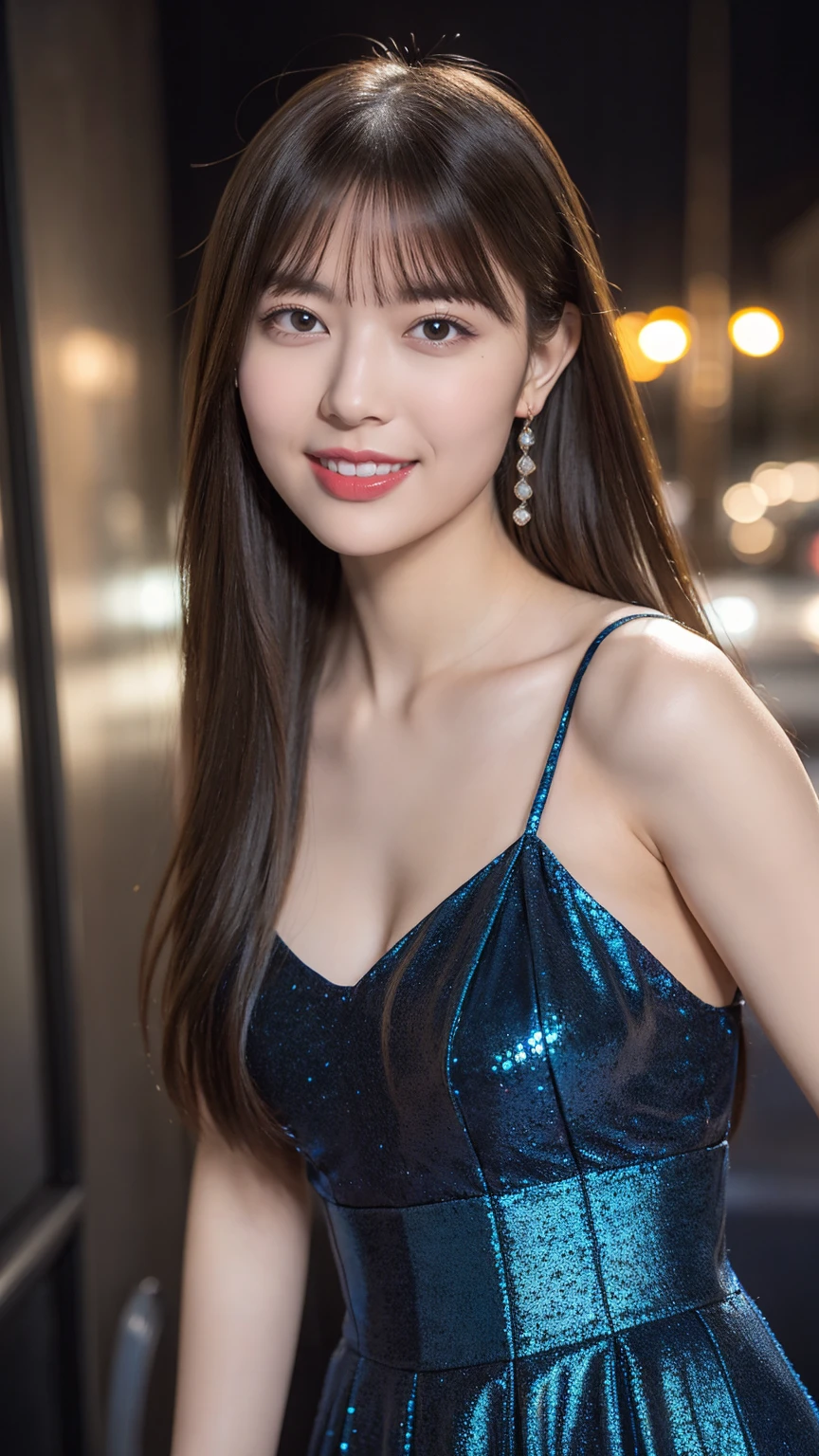 1girl,(wearing a blue glittery evening dress:1.2),(RAW photo, best quality), (realistic, photo-realistic:1.4), masterpiece, an extremely delicate and beautiful, extremely detailed, 2k wallpaper, Amazing, finely detail, extremely detailed CG unity 8k wallpaper, ultra-detailed, highres, soft light, beautiful detailed girl, extremely detailed eyes and face, beautiful detailed nose, beautiful detailed eyes,cinematic lighting,city lights at night,perfect anatomy,slender body,light smile,close up,(long hair with bangs), tight breast, open shoulder